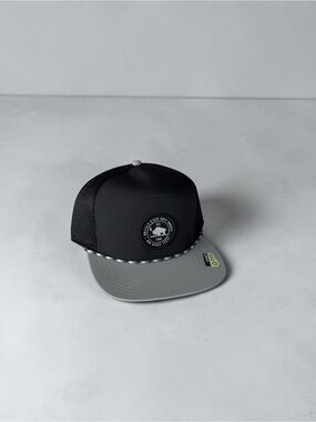 Men's Black and Gray Trucker Hat with Badge